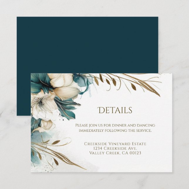 Carte D'accompagnement Élégante verdure Floral Turquoise or Mariage (Devant / Derrière)