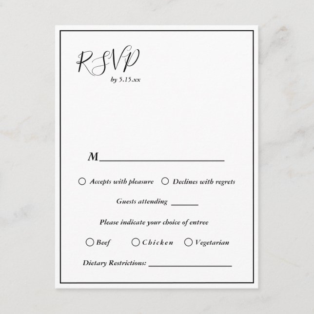 Carte D'accompagnement Élégantes restrictions alimentaires Mariages moder (Devant)