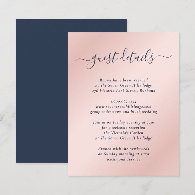 Carte D'accompagnement Élégants détails de mariage bleu marine et rose po (Devant / Derrière)