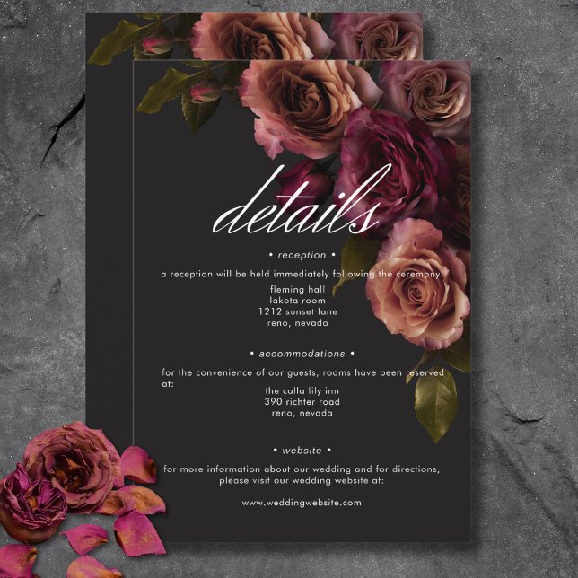 Carte D'accompagnement Élégants détails floraux moody feutrés rouille et  (Elegant Moody Muted Rust & Burgundy Floral Details Enclosure Card)
