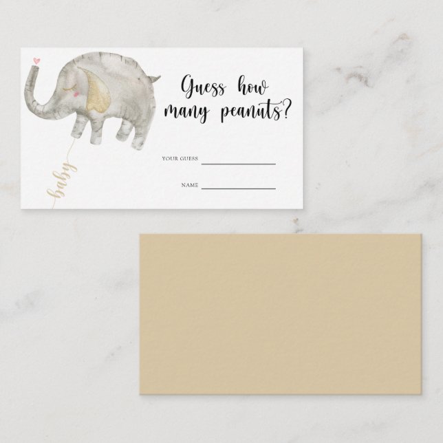 Carte D'accompagnement Eléphant - baby shower devinez combien d'arachides (Devant / Derrière)