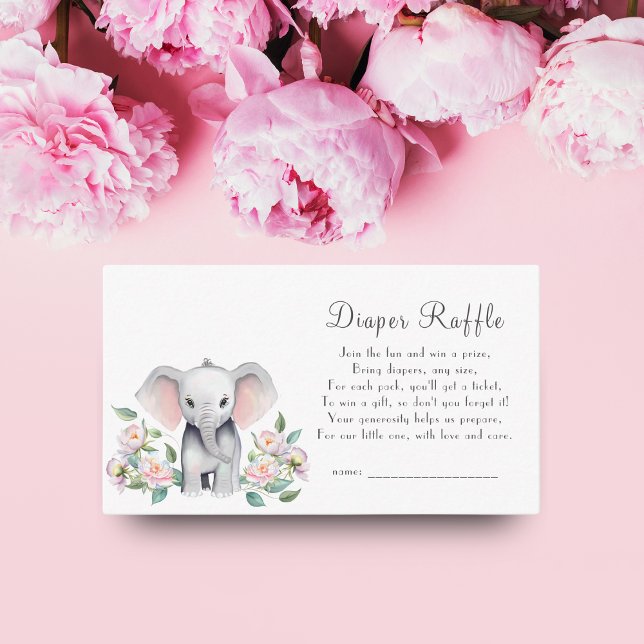 Carte D'accompagnement Eléphant Bébé avec des pivoines Raffle de couche (Win sweet surprises: Baby Elephant, Peonies & Diaper Raffle Enclosure!)