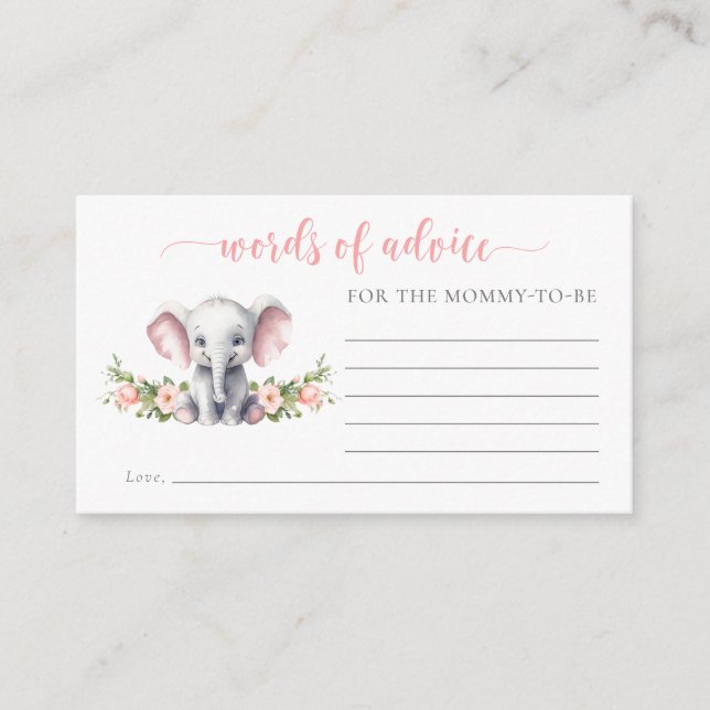 Carte D'accompagnement Eléphant Floral Rose Baby shower Paroles De Consei (Devant)