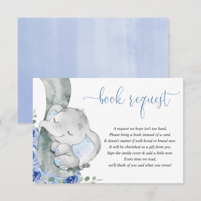Carte D'accompagnement Eléphant garçon bleu floral livres pour bébé deman (Devant / Derrière)
