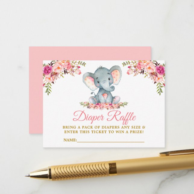Carte D'accompagnement Eléphant Pink Floral Diaper Raffle Douche Or (Devant/Arrière en situation)