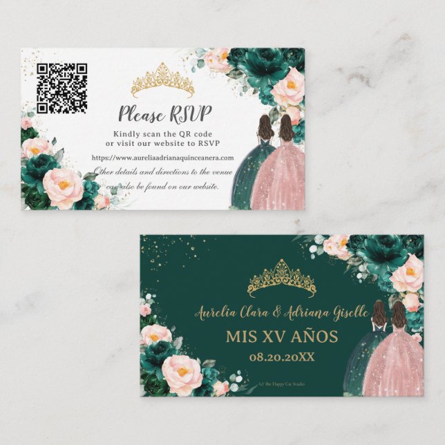 Carte D'accompagnement Emerald Blush Floral Twins Quinceañera QR (Devant / Derrière)