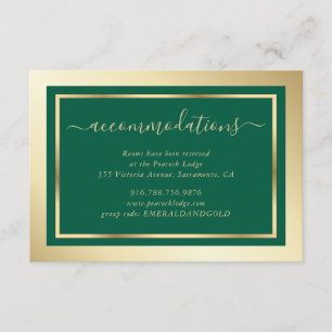 Carte D'accompagnement Emerald Green et Gold Mariage Hôtel Hébergement