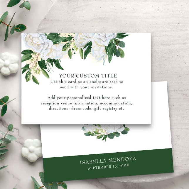 Carte D'accompagnement Emerald Green et White Peony Floral Custom (Custom enclosure card for reception details or any other information - Emerald Greenery collection)