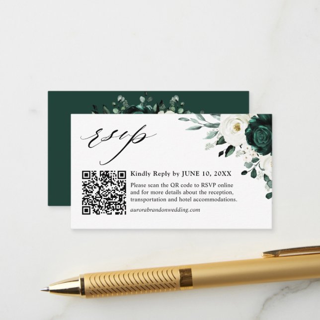 Carte D'accompagnement Emerald Green Eucalyptus Blanc Floral Code QR (Devant/Arrière en situation)