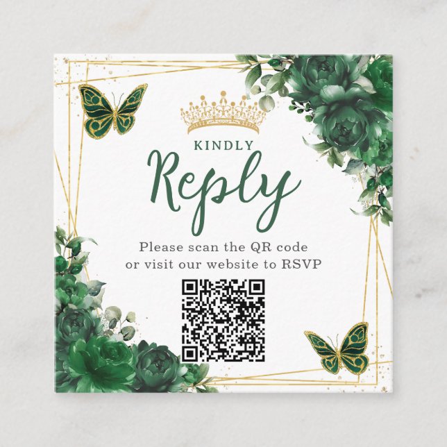 Carte D'accompagnement Emerald Green Floral Butterfly Quinceanera QR Code (Devant)
