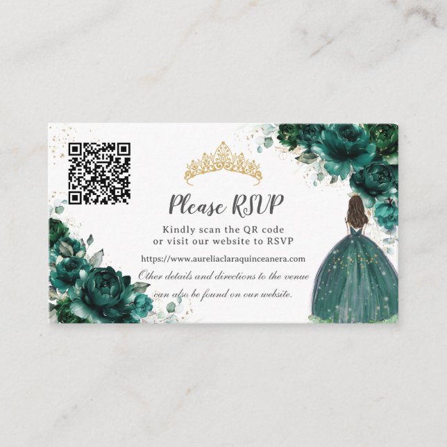 Carte D'accompagnement Emerald Green Floral Gold Quinceañera QR Code (Devant)