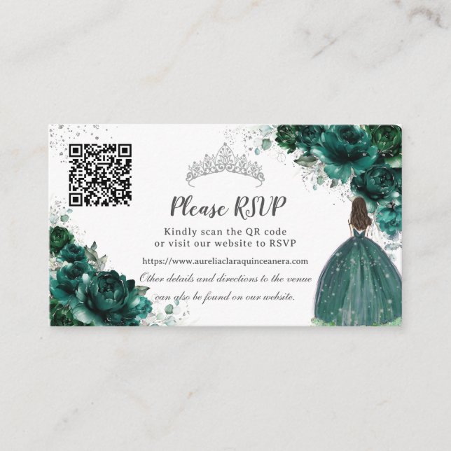 Carte D'accompagnement Emerald Green Floral Silver Quinceañera QR Code (Devant)