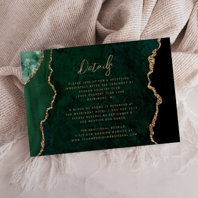 Carte D'accompagnement Emerald Green Gold Agate Script Détails du Mariage (Créateur téléchargé)