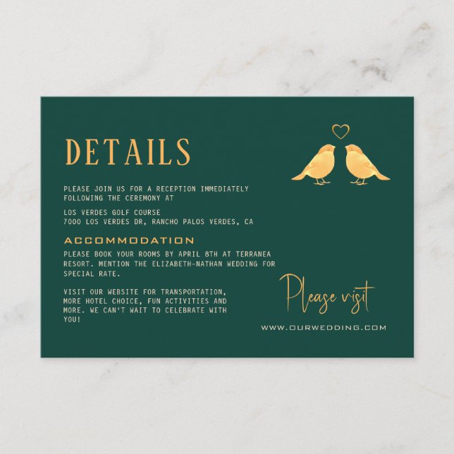 Carte D'accompagnement Emerald Green & Gold Birds Flowers Détails du Mari (Devant)