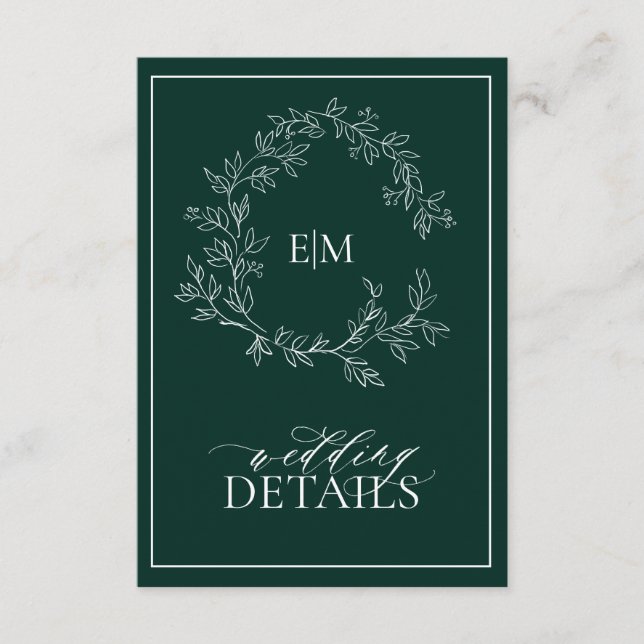 Carte D'accompagnement Emerald Green Leafy Crest Monogram Détails du Mari (Devant)