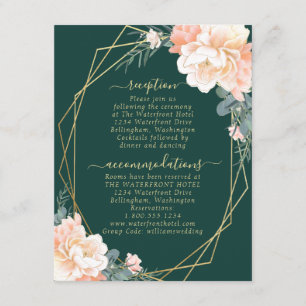 Carte D'accompagnement Emerald Green Peach Floral Gold Détails du Mariage