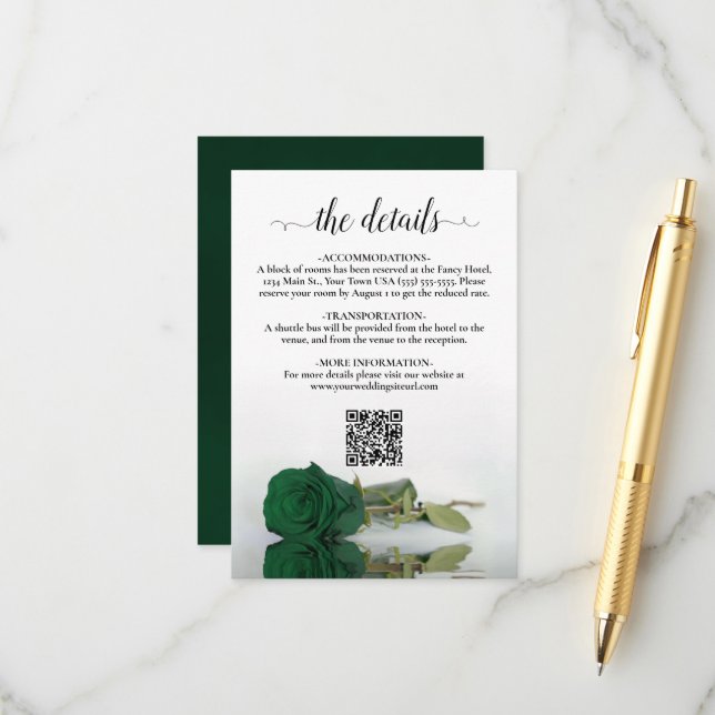 Carte D'accompagnement Emerald Green Rose Elegant Wedding Details QR Code (Devant/Arrière en situation)