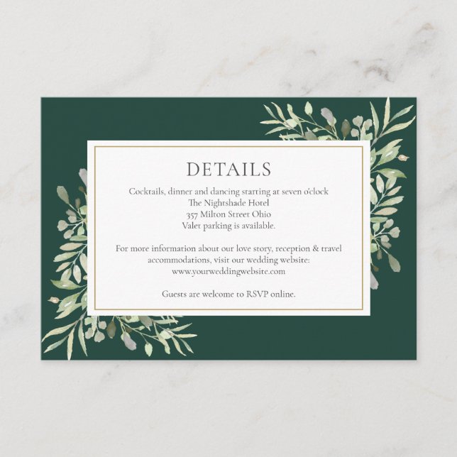 Carte D'accompagnement Emerald Greenery Floral Détails du Mariage (Devant)