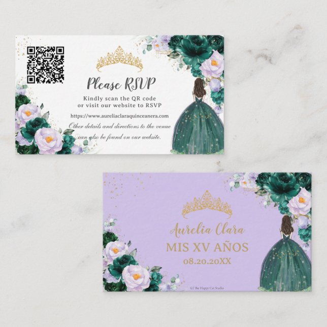 Carte D'accompagnement Emerald vert violet Floral Quinceañera QR Code (Devant / Derrière)