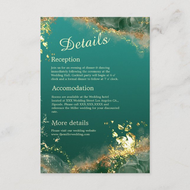 Carte D'accompagnement émeraude or vert bijou mariage (Devant)