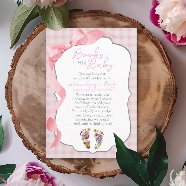 Carte D'accompagnement Empreintes fleurs sauvages Livres de douche pour f (Coquette pink bow gingham pattern floral footprints girl shower Books for Baby invitation insert )
