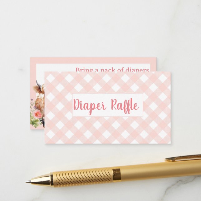 Carte D'accompagnement En vichy rose Highland Cow fille diaper tombola (Devant/Arrière en situation)