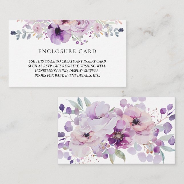 CARTE D'ACCOMPAGNEMENT ENVELOPPE FLEURIE A L'AQUARELLE LILAS LAVANDE VIOL (Devant / Derrière)