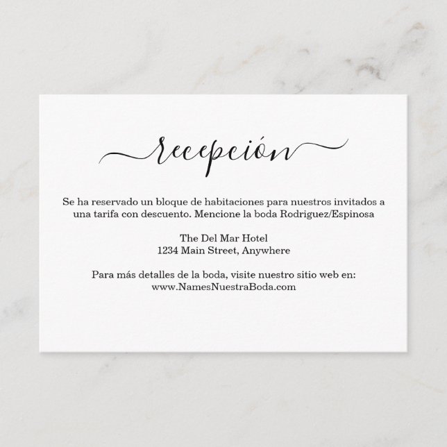 Carte D'accompagnement Espagnol Elegante Bianco Y Negro Boda Information (Devant)