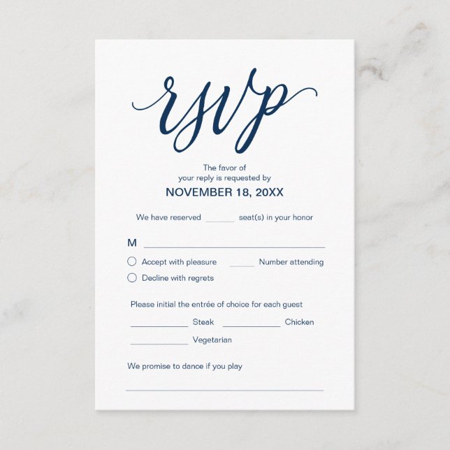 Carte D'accompagnement Esthétique, Bleu Marine, Dîner Mariage RSVP, Répon (Devant)