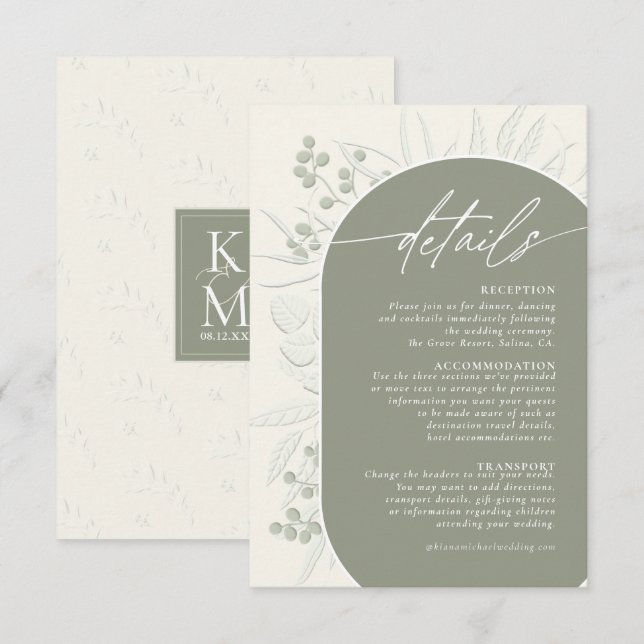 Carte D'accompagnement Eucalyptus Couleurs tonalités Mariage Détails Grn  (Devant / Derrière)