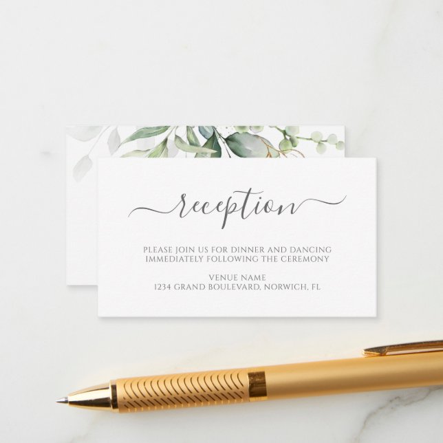 Carte D'accompagnement Eucalyptus Feuille Greenery Réception de mariage (Devant/Arrière en situation)
