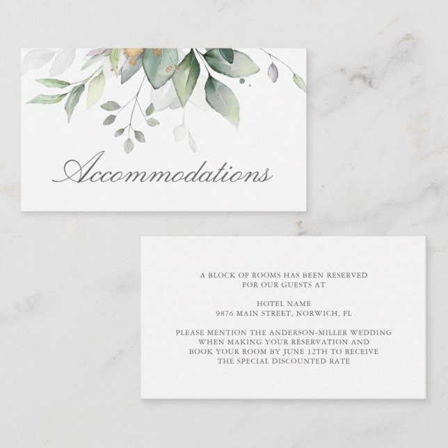 Carte D'accompagnement Eucalyptus Feuille Verdure Mariage Hébergements (Devant / Derrière)