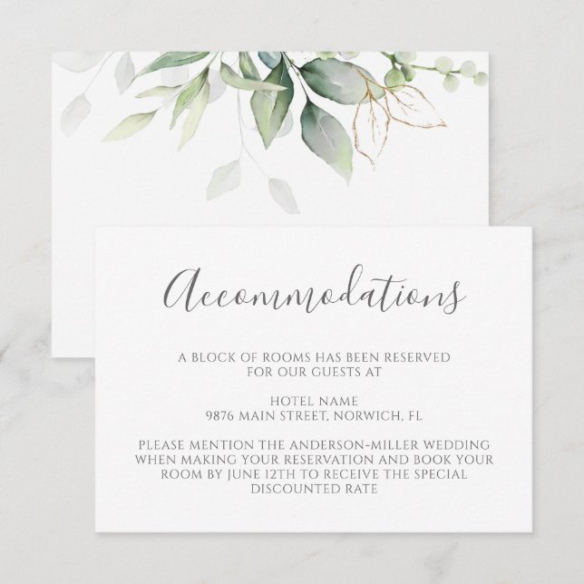Carte D'accompagnement Eucalyptus Feuille Verdure Mariage Hébergements (Devant / Derrière)