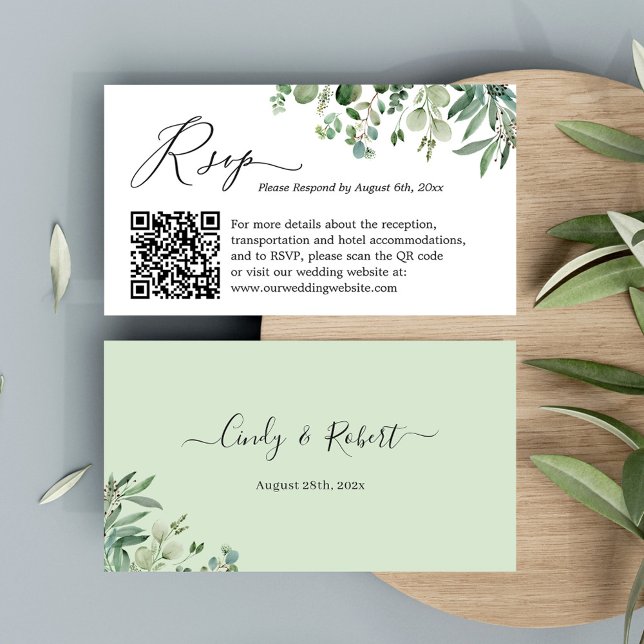 Carte D'accompagnement Eucalyptus Feuilles mariage RSVP site web QR Code (Créateur téléchargé)