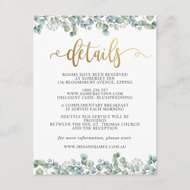 Carte D'accompagnement Eucalyptus Gold Mariage Informations sur le client (Devant)