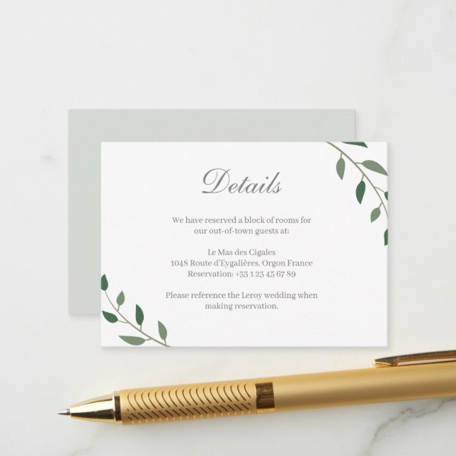 Carte D'accompagnement Eucalyptus Green Botanical Mariage Hotel Détail (Devant/Arrière en situation)