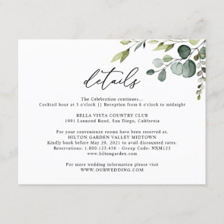 Carte D'accompagnement Eucalyptus Green Détails du Mariage Horizontal