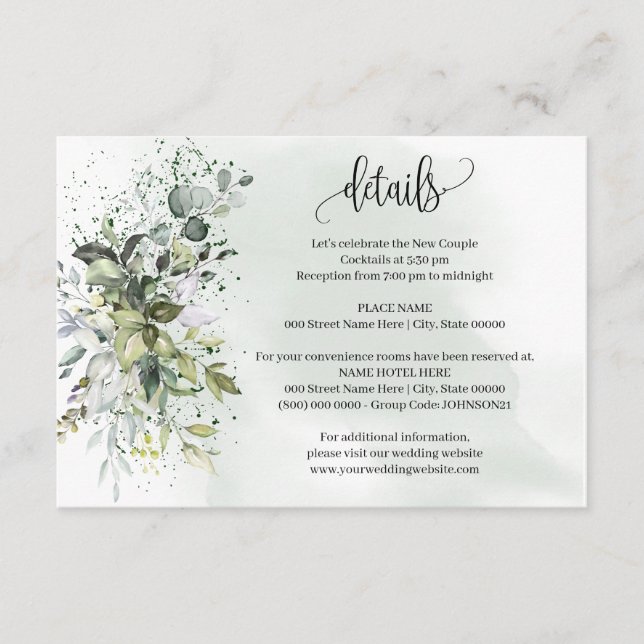 Carte D'accompagnement Eucalyptus Green Détails du Mariage Insérer une ca (Devant)