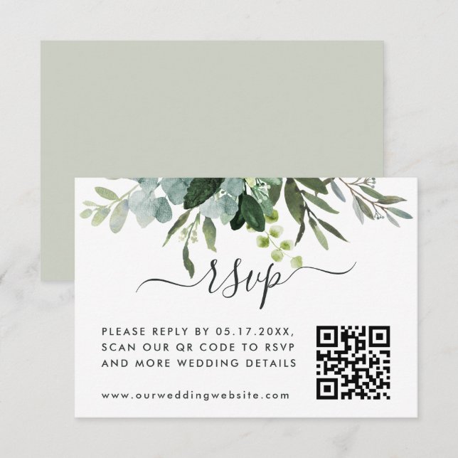 Carte D'accompagnement Eucalyptus Green Foliage RSVP avec code QR (Devant / Derrière)
