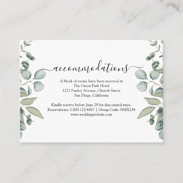 Carte D'accompagnement Eucalyptus Greenery Hébergement Mariage (Devant)