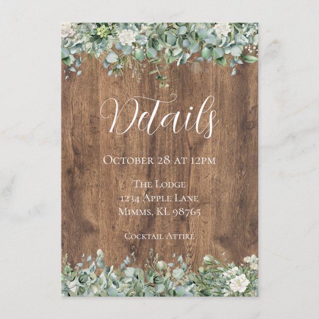 Carte D'accompagnement Eucalyptus Greenery Wedding Details Card | Rustic (Devant)