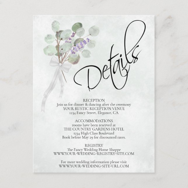 Carte D'accompagnement Eucalyptus & Lavender Bouquet Détails du Mariage (Devant)