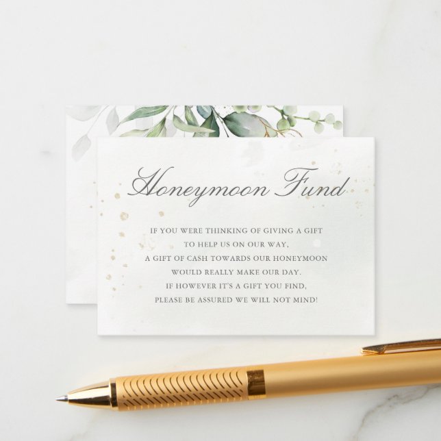 Carte D'accompagnement Eucalyptus Leaves Greenery Gold Honeymoon (Devant/Arrière en situation)