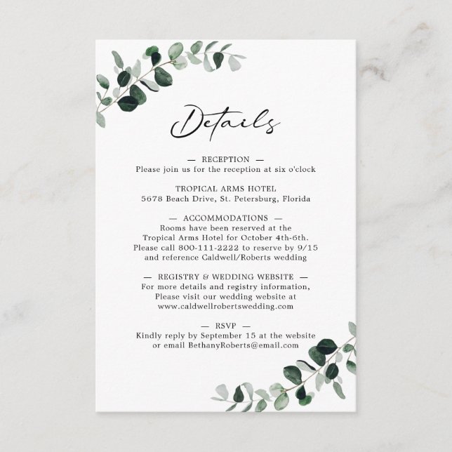 Carte D'accompagnement Eucalyptus Moderne Calligraphie Détails du Mariage (Devant)