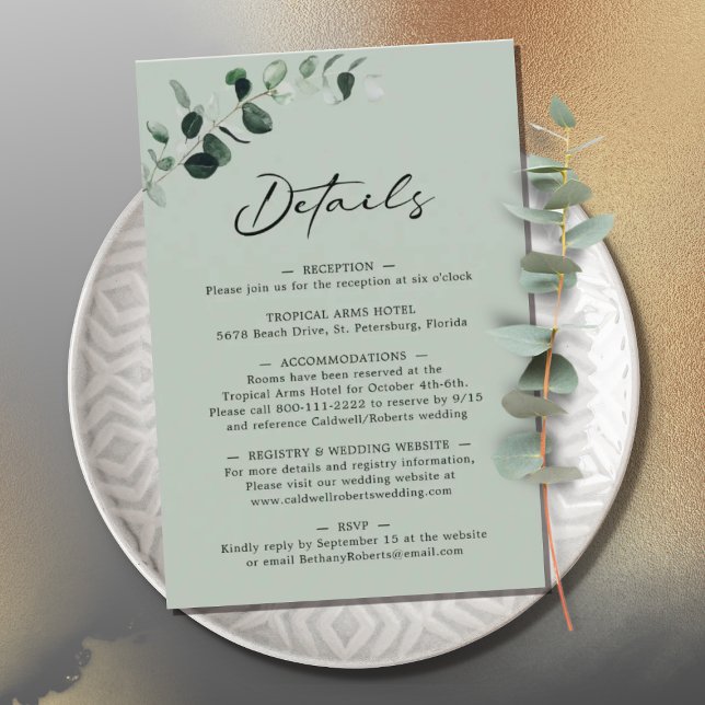 Carte D'accompagnement Eucalyptus Sage Calligraphy Détails du Mariage (Créateur téléchargé)