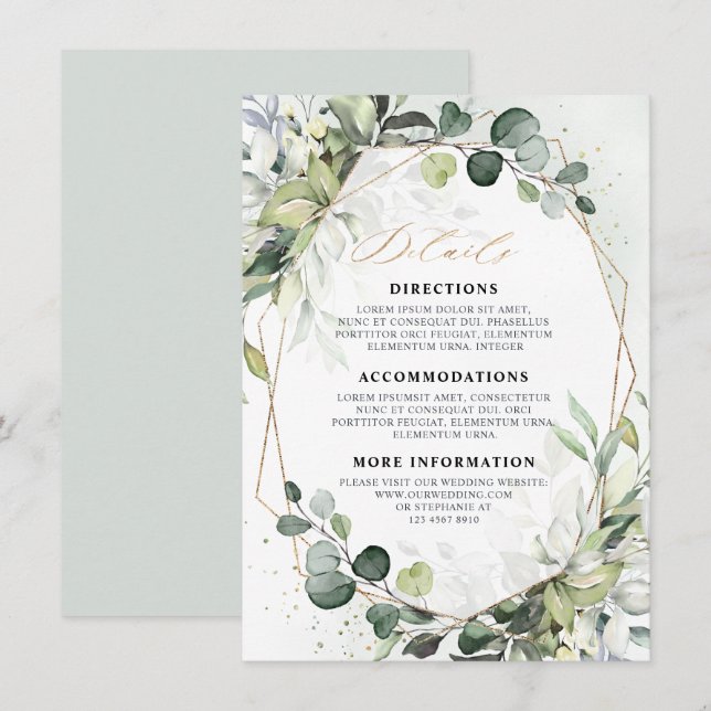 Carte D'accompagnement Eucalyptus Sage Greenery Détails du Mariage géomét (Devant / Derrière)
