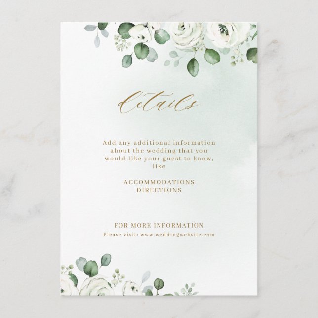 Carte D'accompagnement Eucalyptus verdure blanc fleuri rustique mariage (Devant)