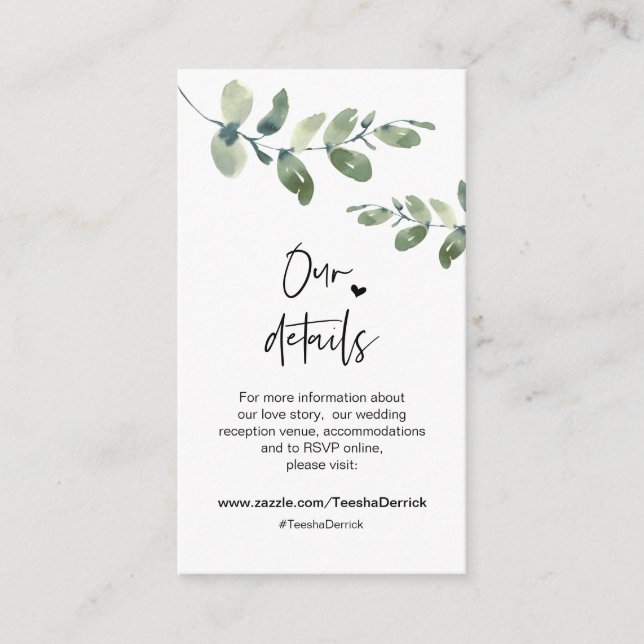 Carte D'accompagnement Eucalyptus vert, Noir, Mariage Détails (Devant)