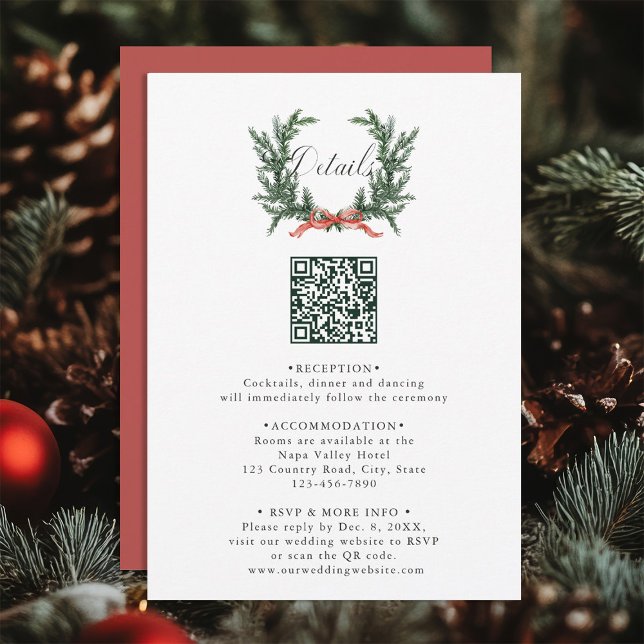 Carte D'accompagnement Evergreen Pine Wreath Wedding QR Code Details (Créateur téléchargé)