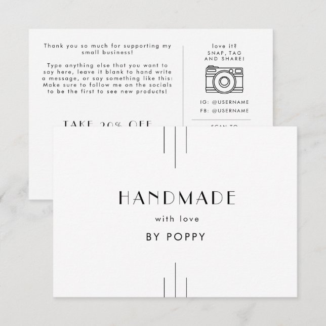 Carte D'accompagnement EVERLY Art Deco Handmade with Love Thank You Order (Devant / Derrière)